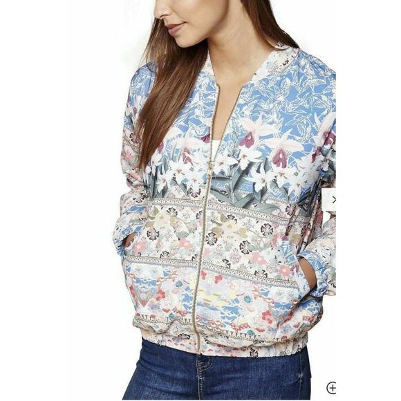 Yumi Floral Bomber Jacket Size 12 Lightweight Zip Up boho eclectic coastal - Picture 2 of 10